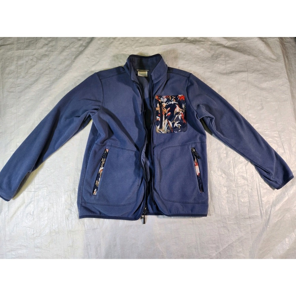 Columbia Womens full zip fleece Jacket Large L Blue with flower detailing Floral